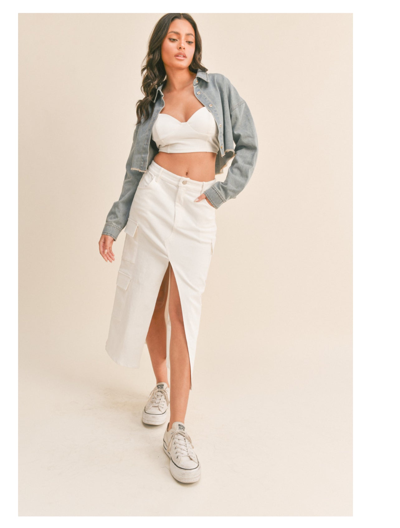 Maya Denim Cargo Front Slit Midi Skirt