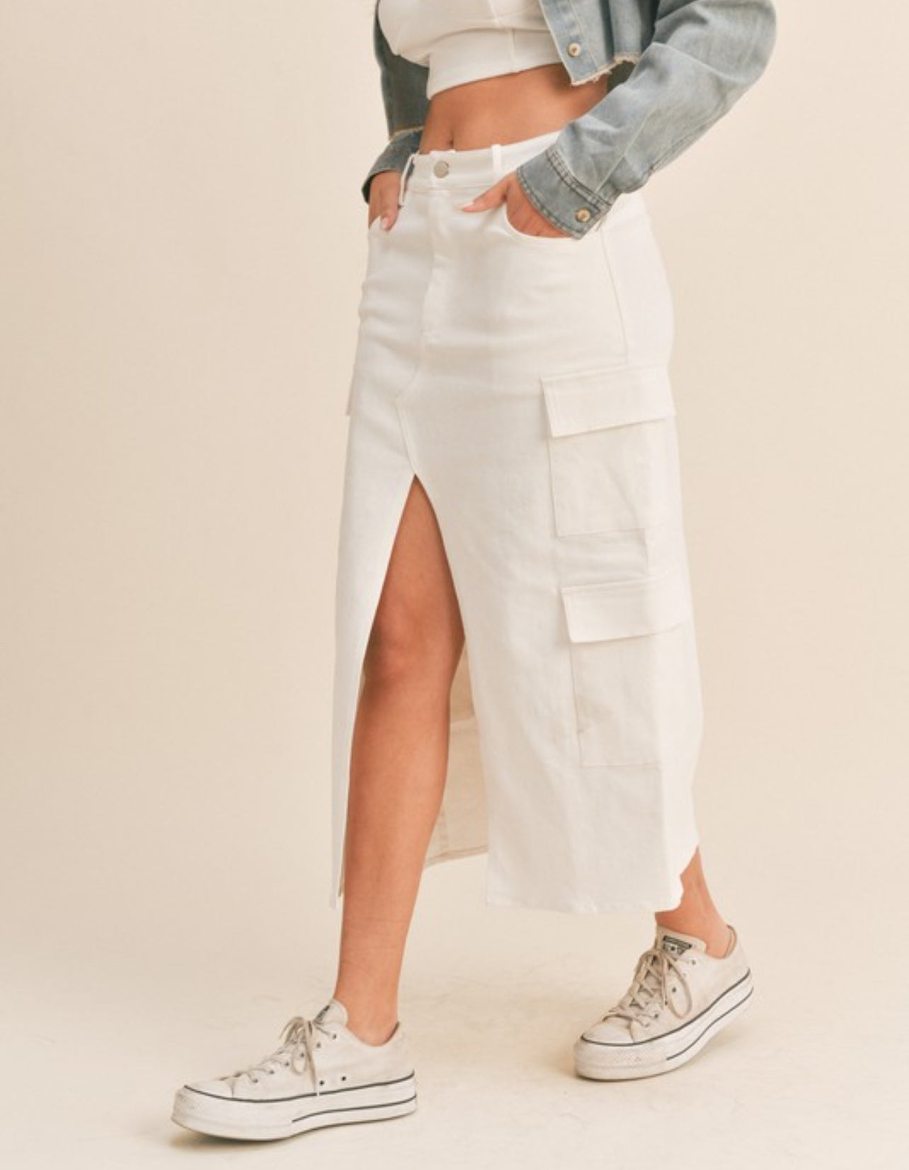 Maya Denim Cargo Front Slit Midi Skirt