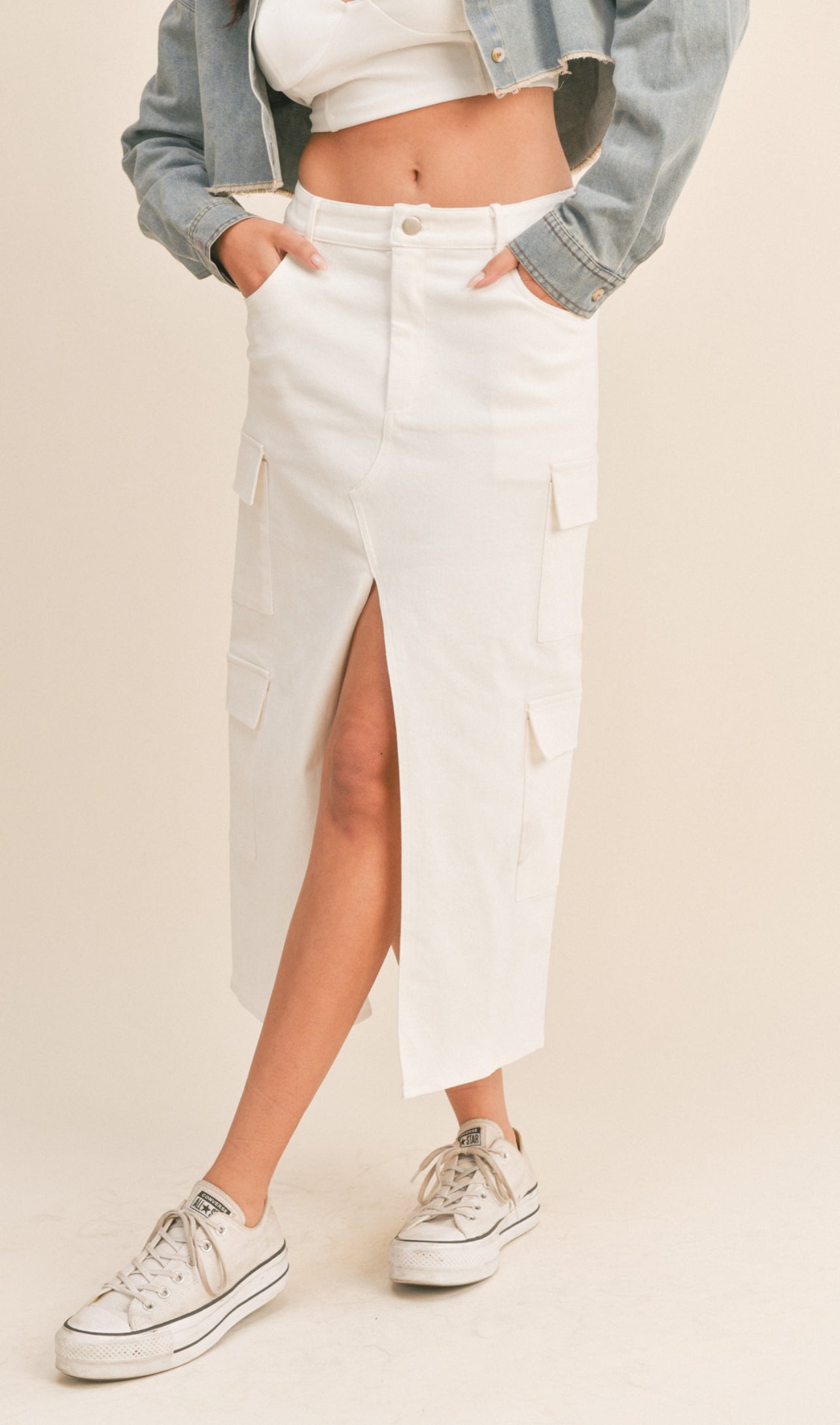 Maya Denim Cargo Front Slit Midi Skirt
