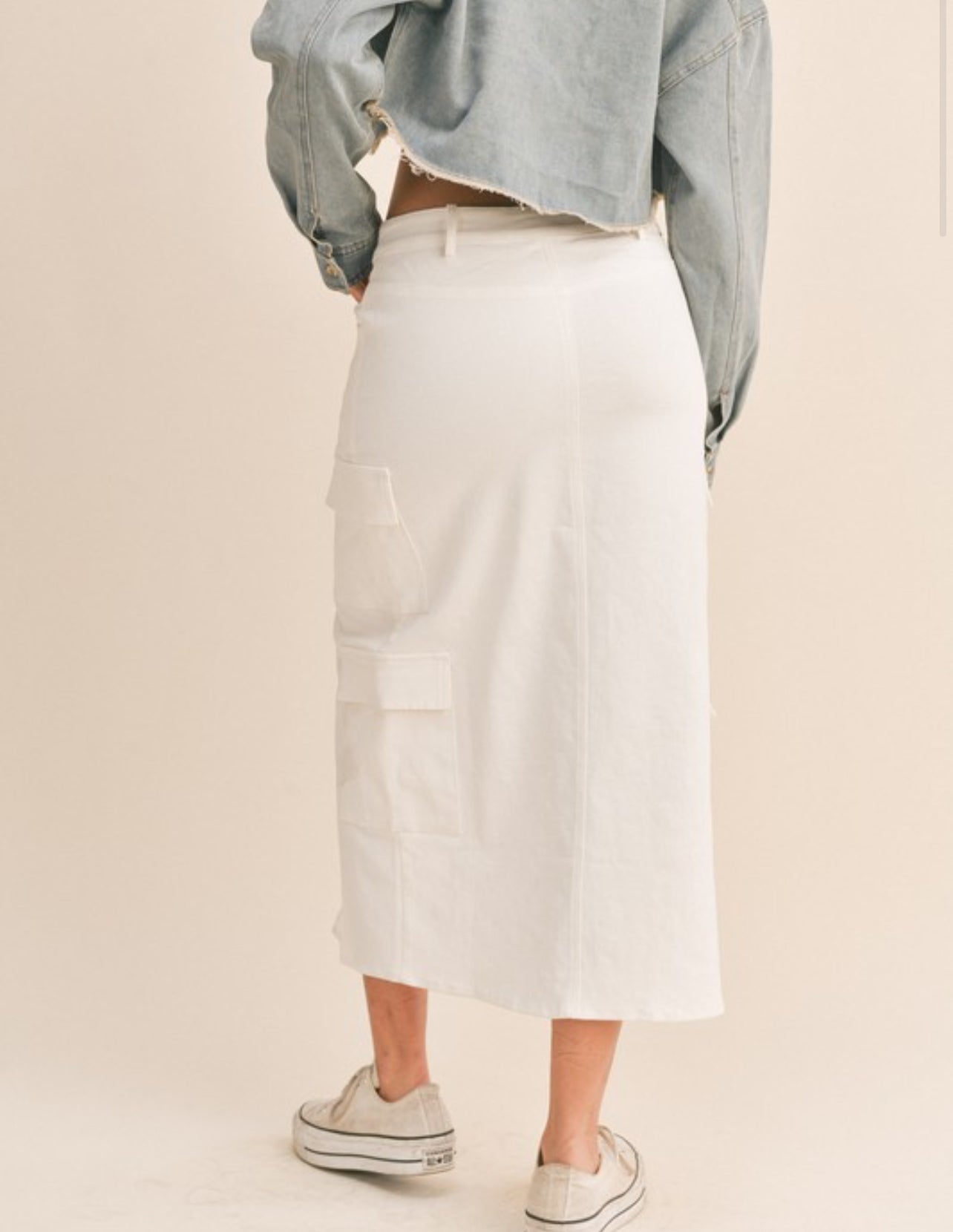 Maya Denim Cargo Front Slit Midi Skirt