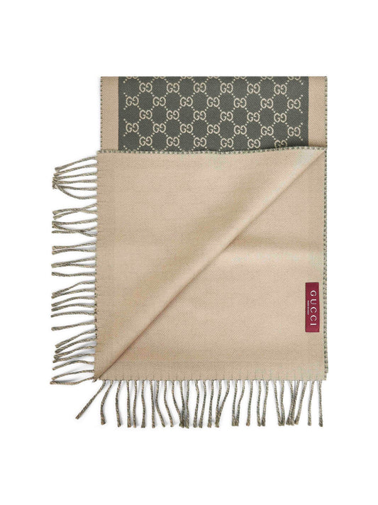 Gucci Men Green And Beige Gg Wool Scarf