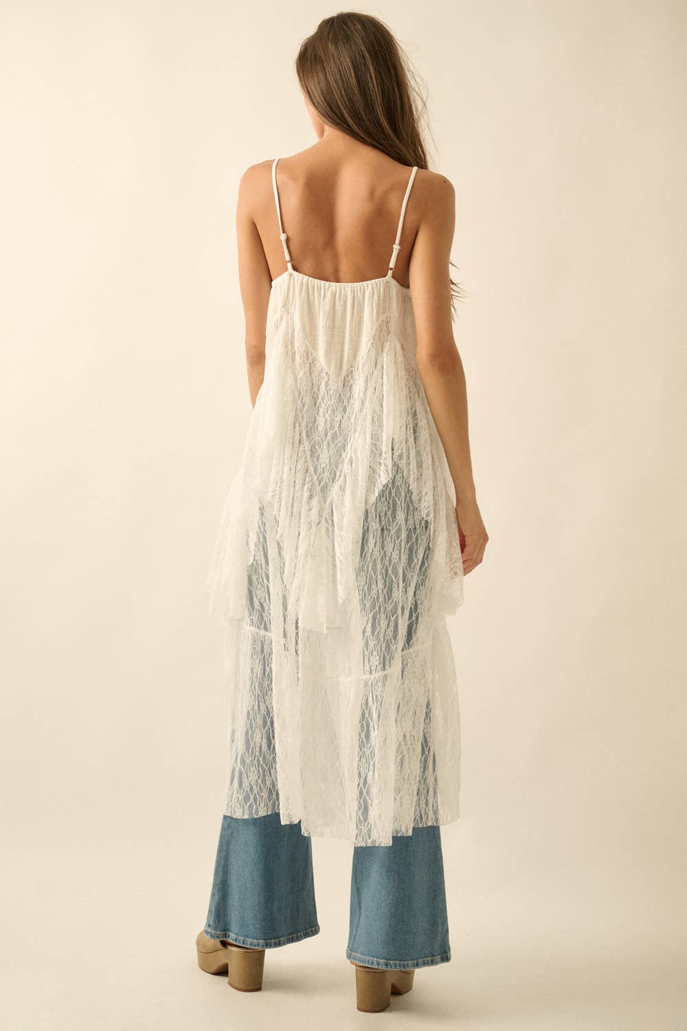 Ruffled Lace Flyaway Maxi Cami Top: Cream / S