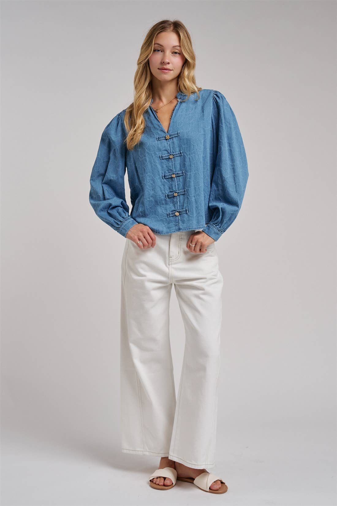 VINTAGE FLORAL DENIM GOLD BUTTON BLOUSE
