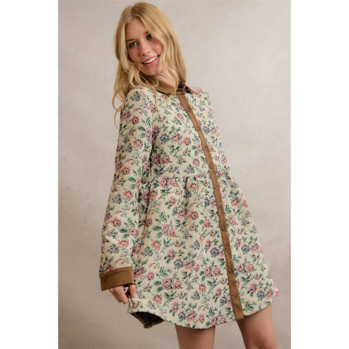 COTTON BLEND JACQUARED SHIRT MINI DRESS