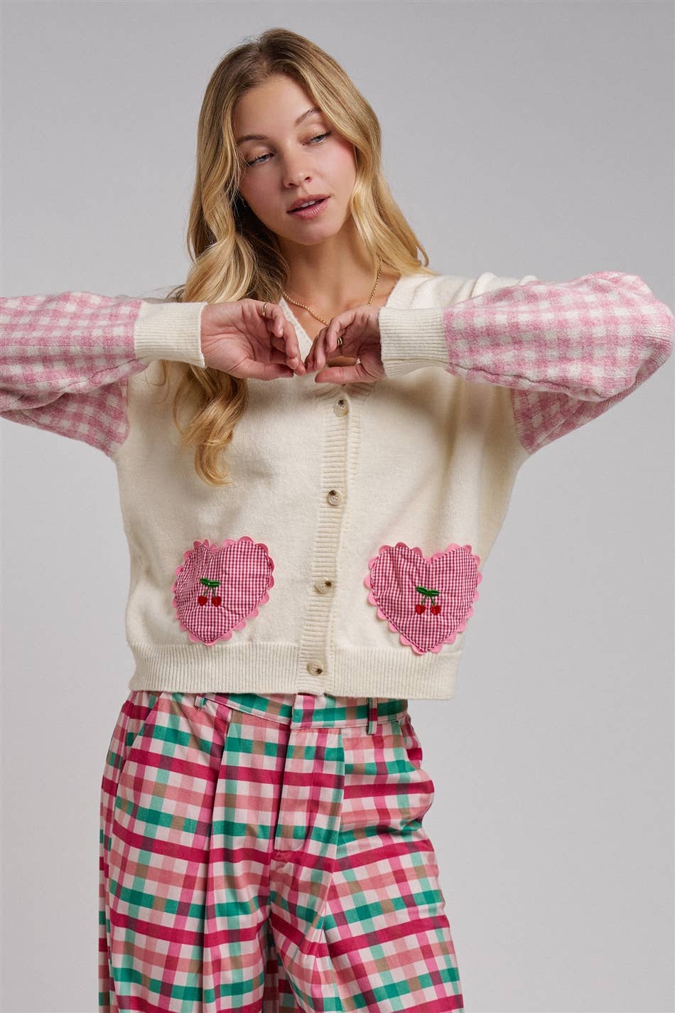 BON - VALENTINE CHECK SLEEVE HEART POCKETS CARDIGAN