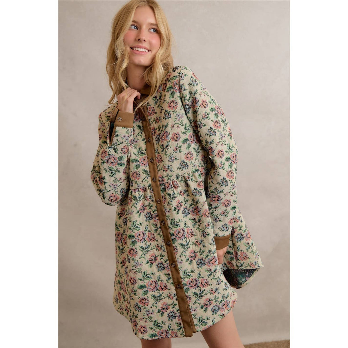 COTTON BLEND JACQUARED SHIRT MINI DRESS