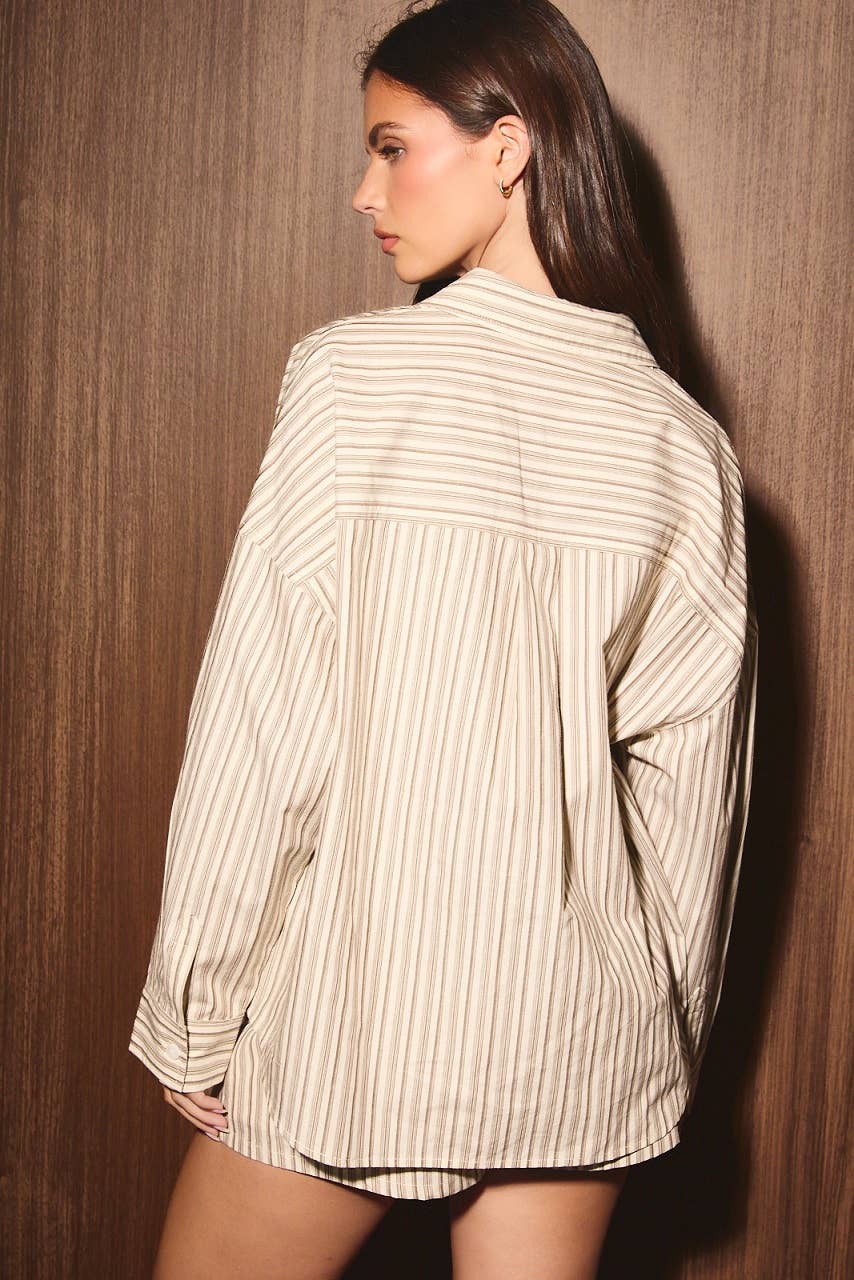 LE LIS - OVERSIZED SHIRT TOP: CREAM-MOCHA STRIPE / XS