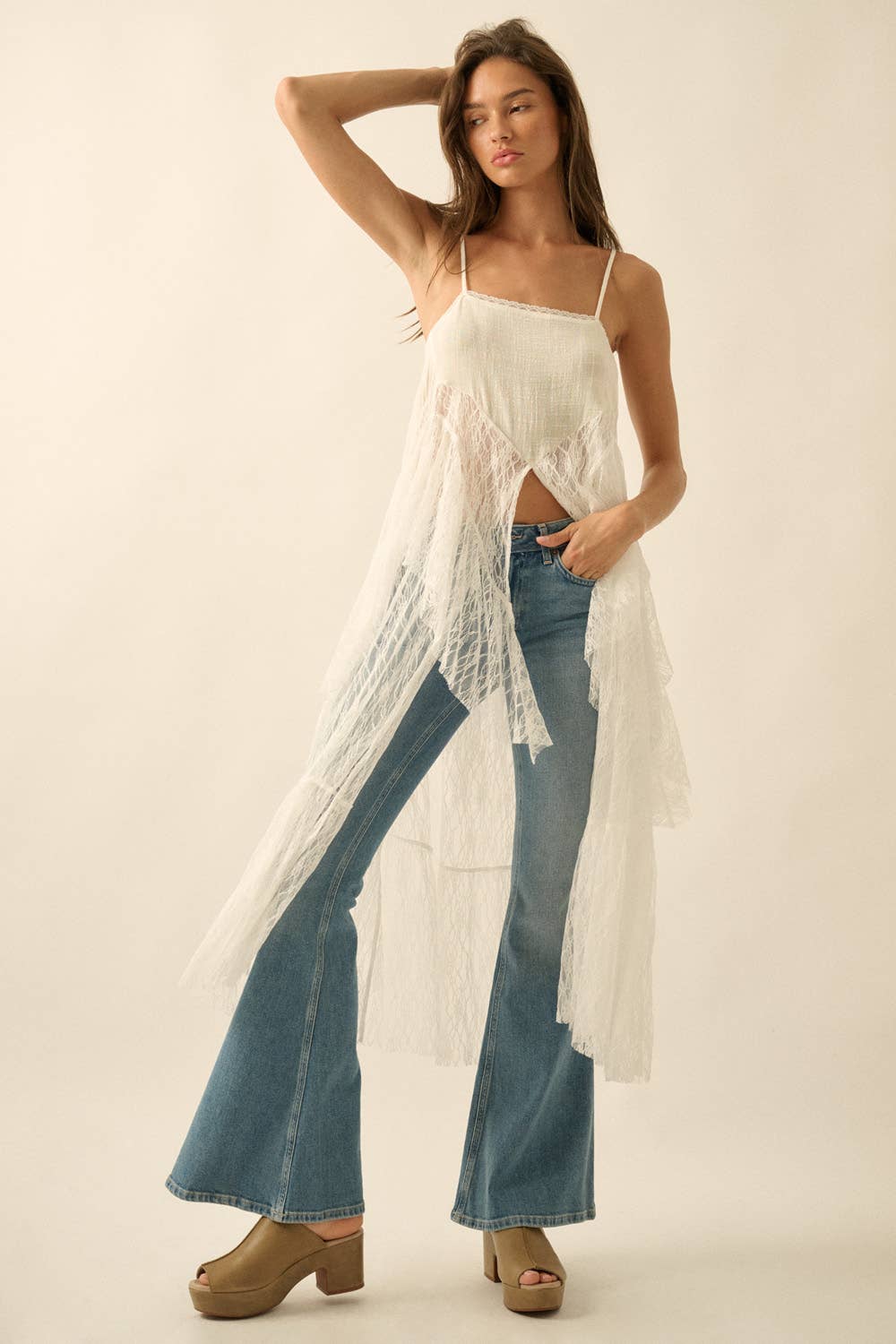 Ruffled Lace Flyaway Maxi Cami Top: Cream / S