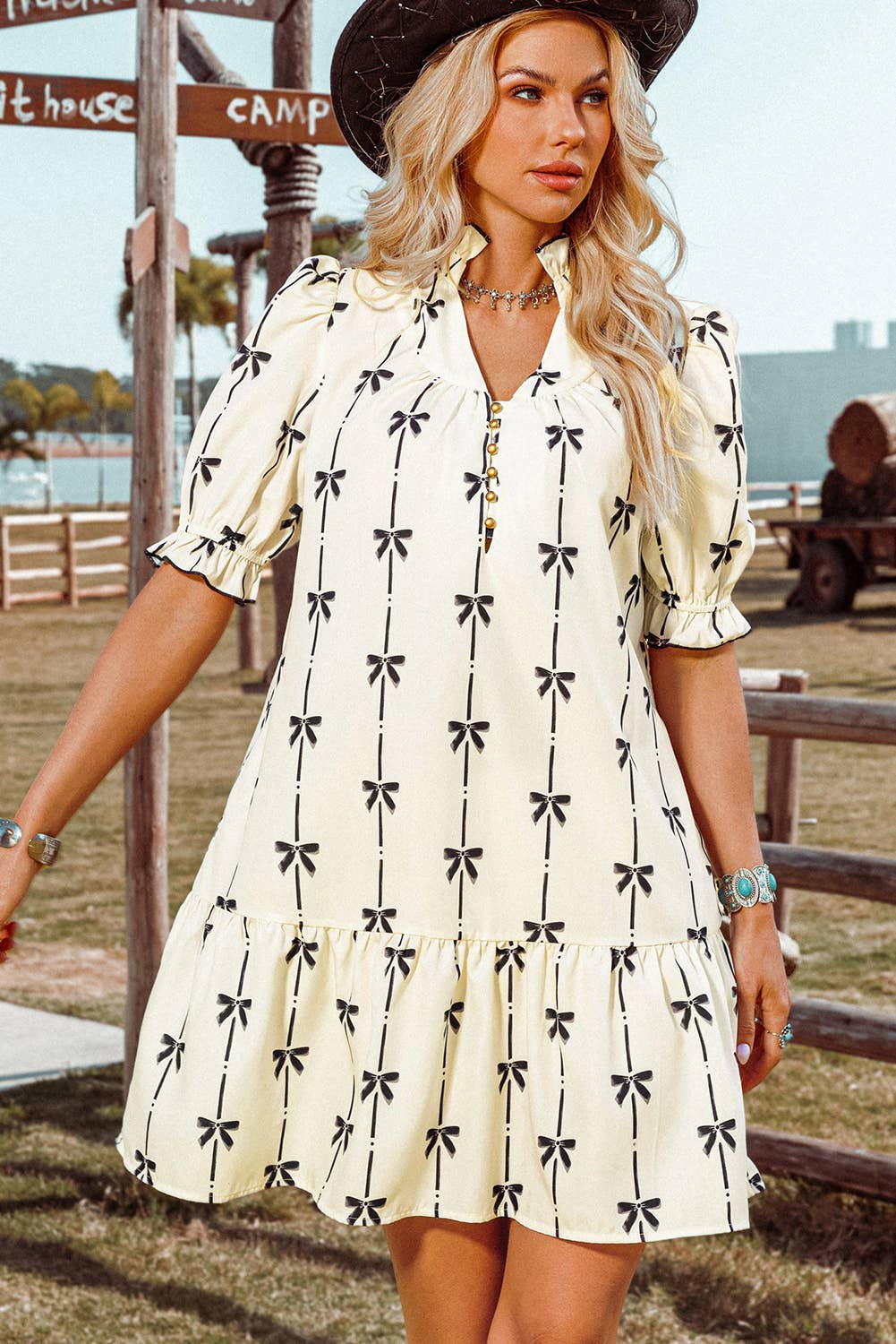 Cute Bowknot Bubble Sleeve V Neck Mini Dress