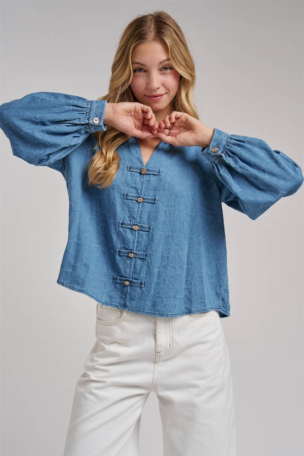 VINTAGE FLORAL DENIM GOLD BUTTON BLOUSE