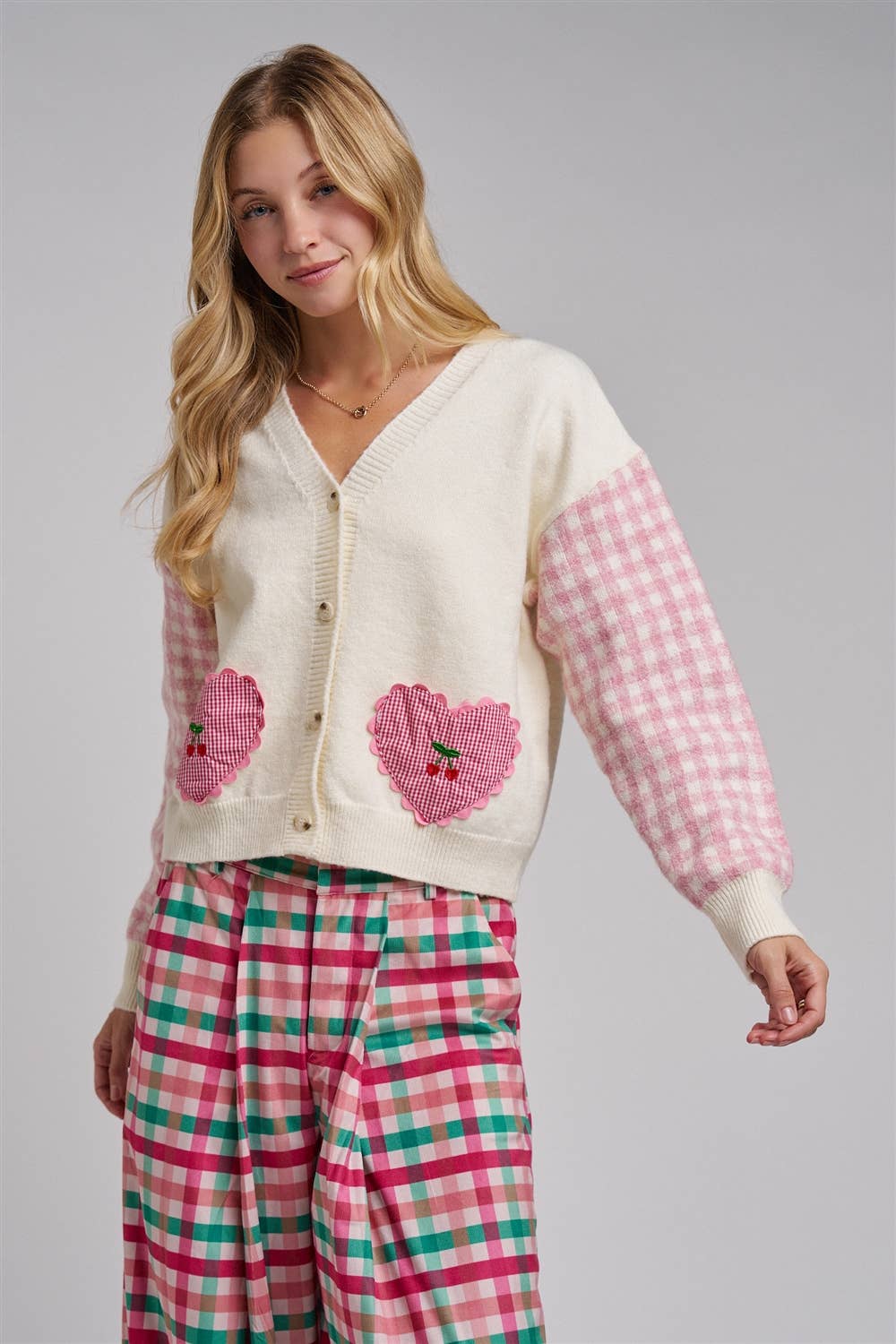 BON - VALENTINE CHECK SLEEVE HEART POCKETS CARDIGAN