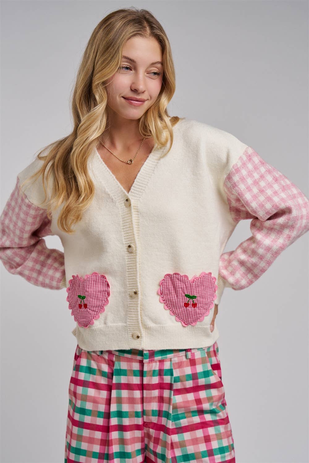 BON - VALENTINE CHECK SLEEVE HEART POCKETS CARDIGAN