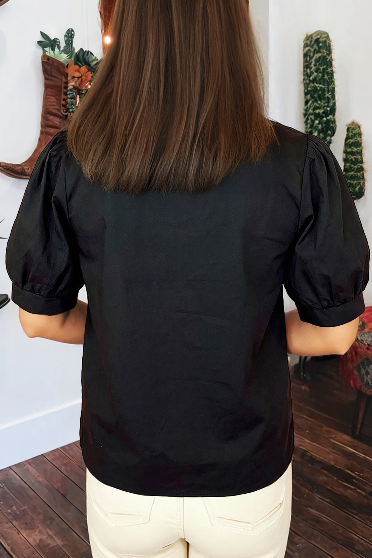 Western Puff Sleeve Contrast Embroidered Detail Blouse