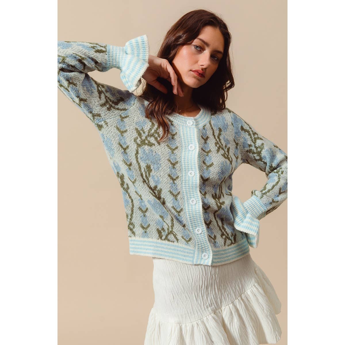 Floral Intarsia Button-Front Cardigan with Ruffled Cuffs