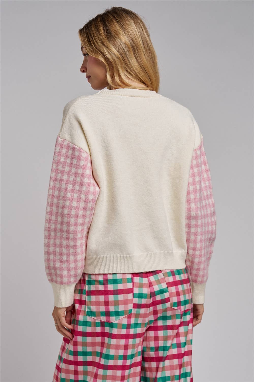 BON - VALENTINE CHECK SLEEVE HEART POCKETS CARDIGAN