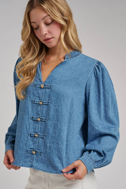 VINTAGE FLORAL DENIM GOLD BUTTON BLOUSE