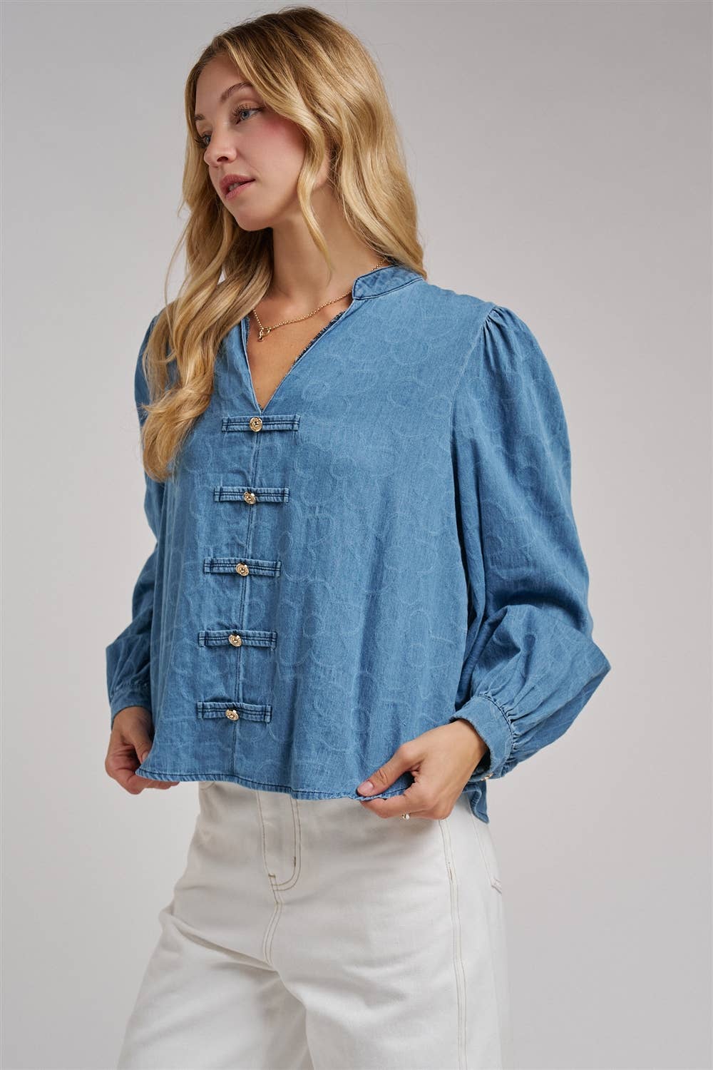 VINTAGE FLORAL DENIM GOLD BUTTON BLOUSE