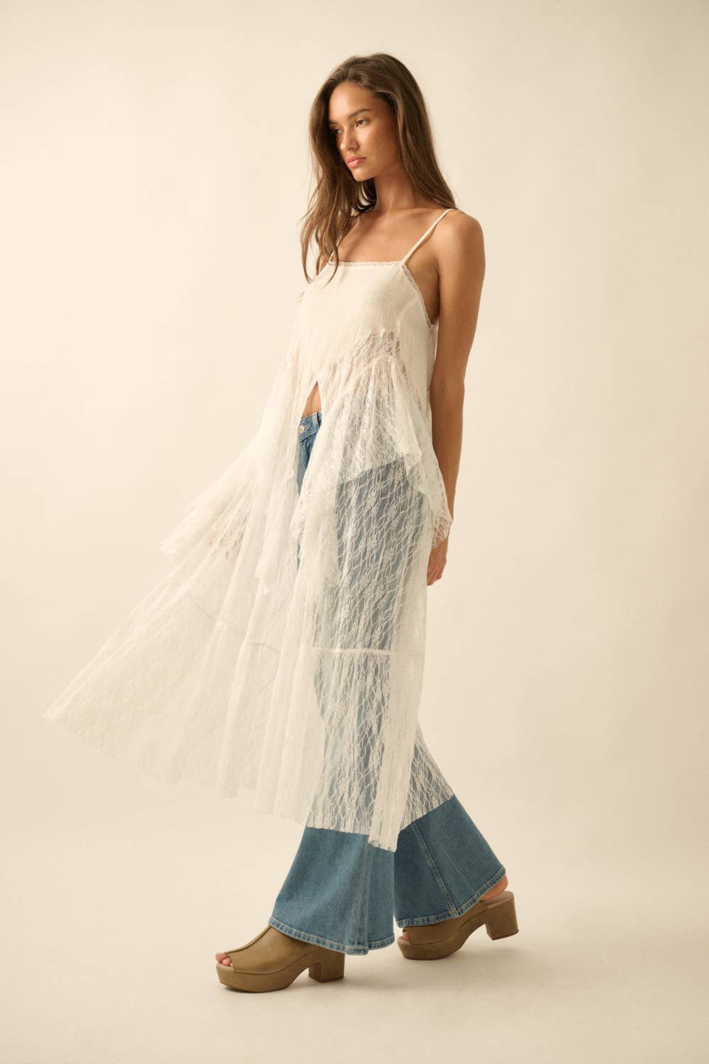 Ruffled Lace Flyaway Maxi Cami Top: Cream / S