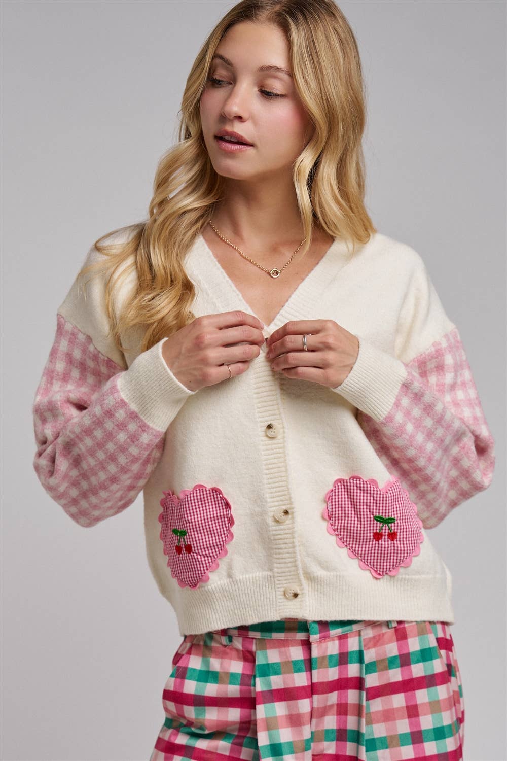 BON - VALENTINE CHECK SLEEVE HEART POCKETS CARDIGAN
