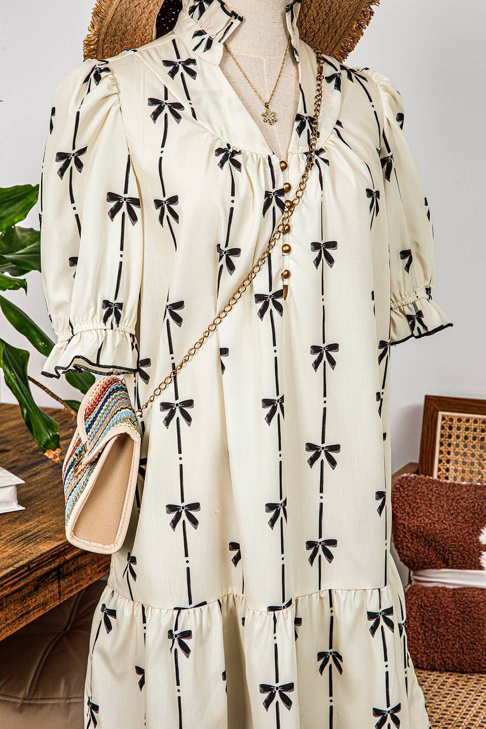 Cute Bowknot Bubble Sleeve V Neck Mini Dress
