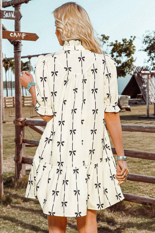 Cute Bowknot Bubble Sleeve V Neck Mini Dress