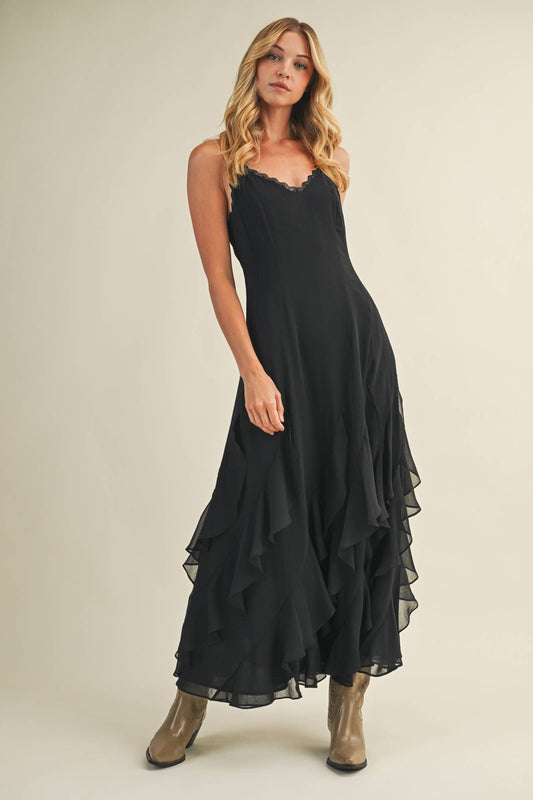 Mustard Seed - Lace V-Neck Cascading Ruffle Dress