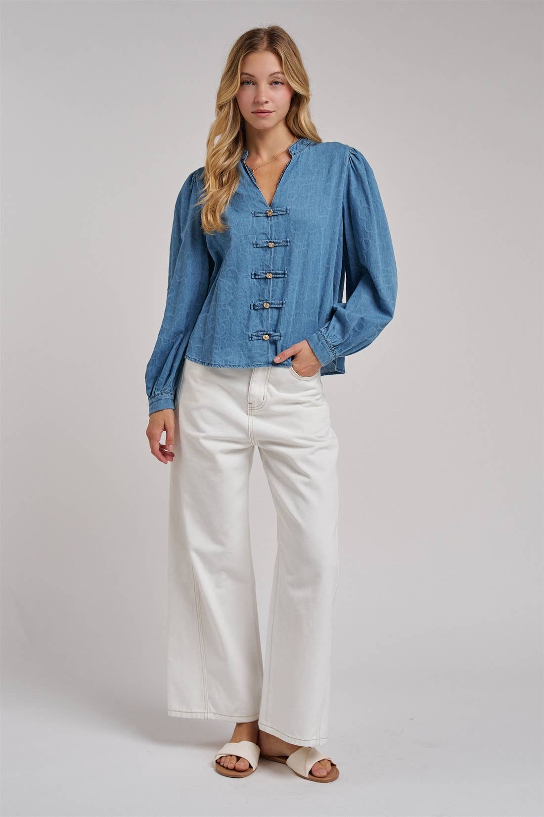 VINTAGE FLORAL DENIM GOLD BUTTON BLOUSE
