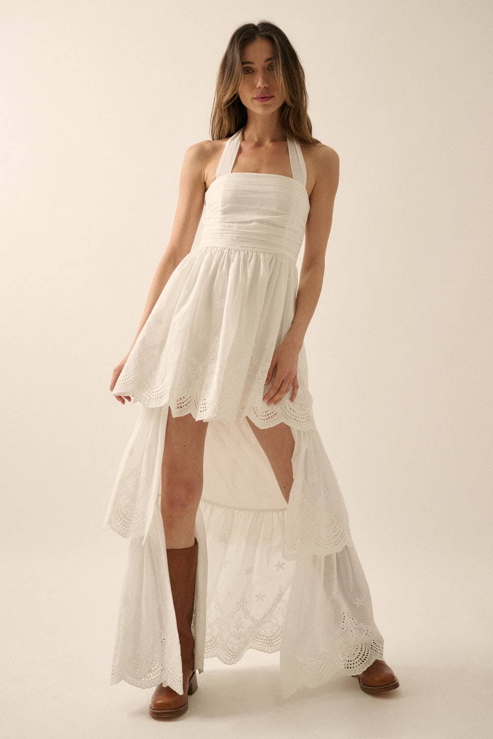 Eyelet Lace Halter High-Low Tiered Maxi Dress: Off White