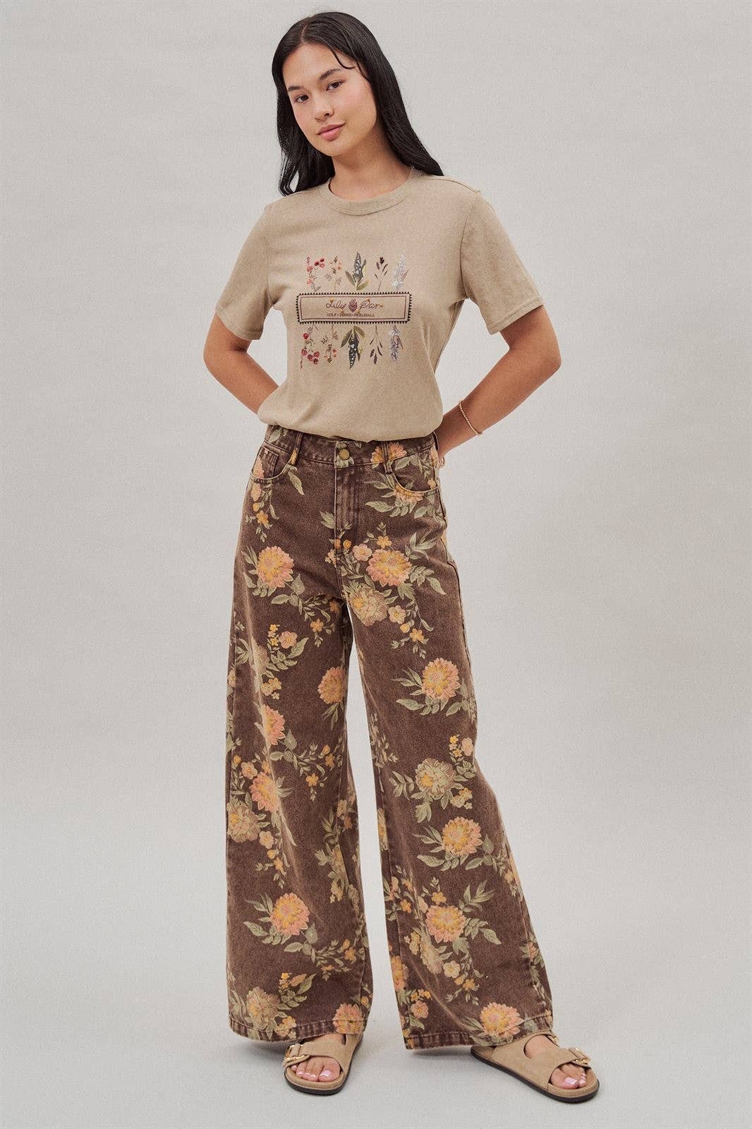 Fashion Week Brown Floral High-Rise Wide-Leg Jeans