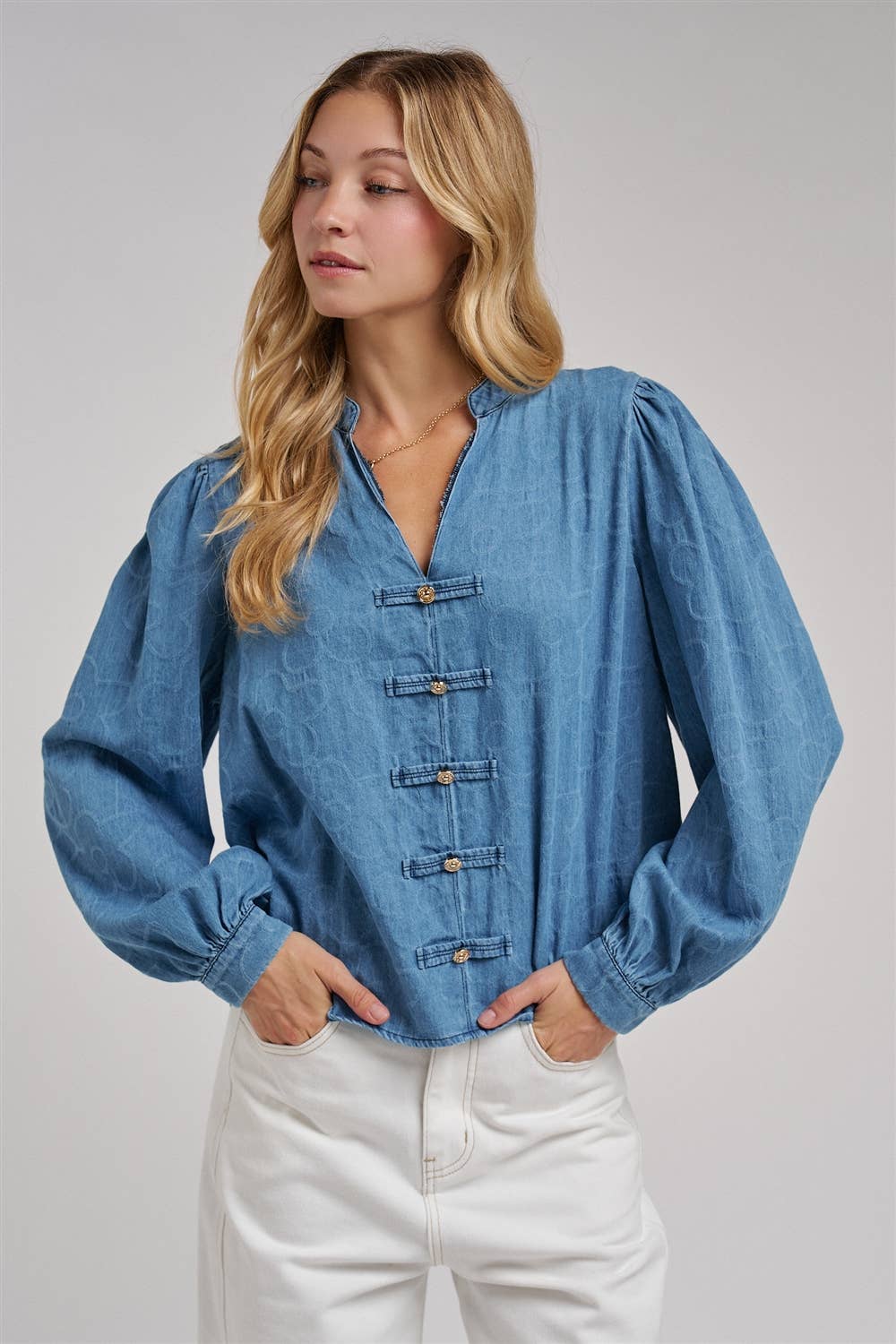 VINTAGE FLORAL DENIM GOLD BUTTON BLOUSE
