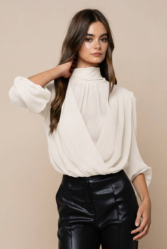 Lalavon Mock Neck Draped Balloon Blouse