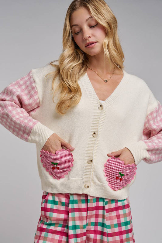 BON - VALENTINE CHECK SLEEVE HEART POCKETS CARDIGAN
