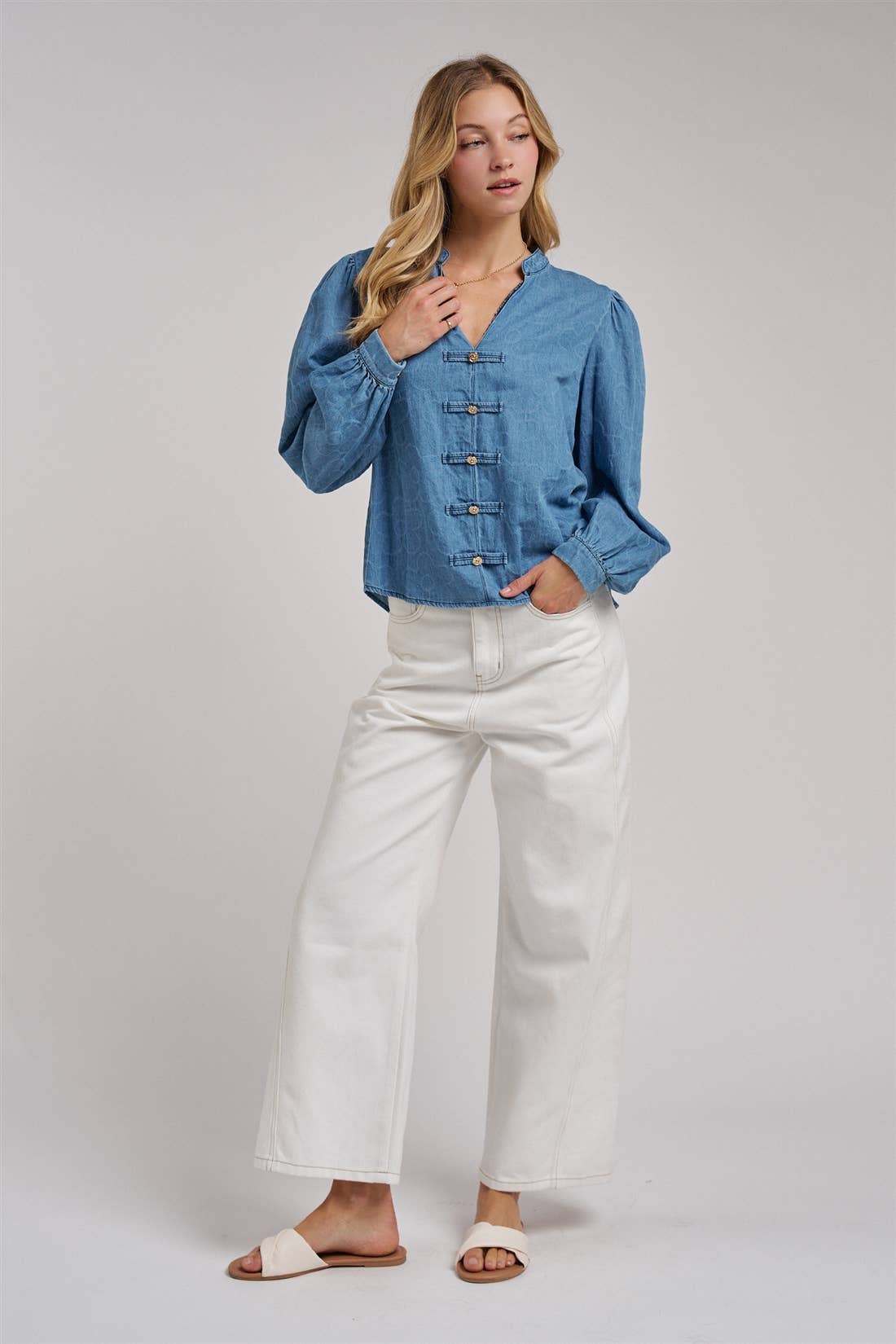 VINTAGE FLORAL DENIM GOLD BUTTON BLOUSE