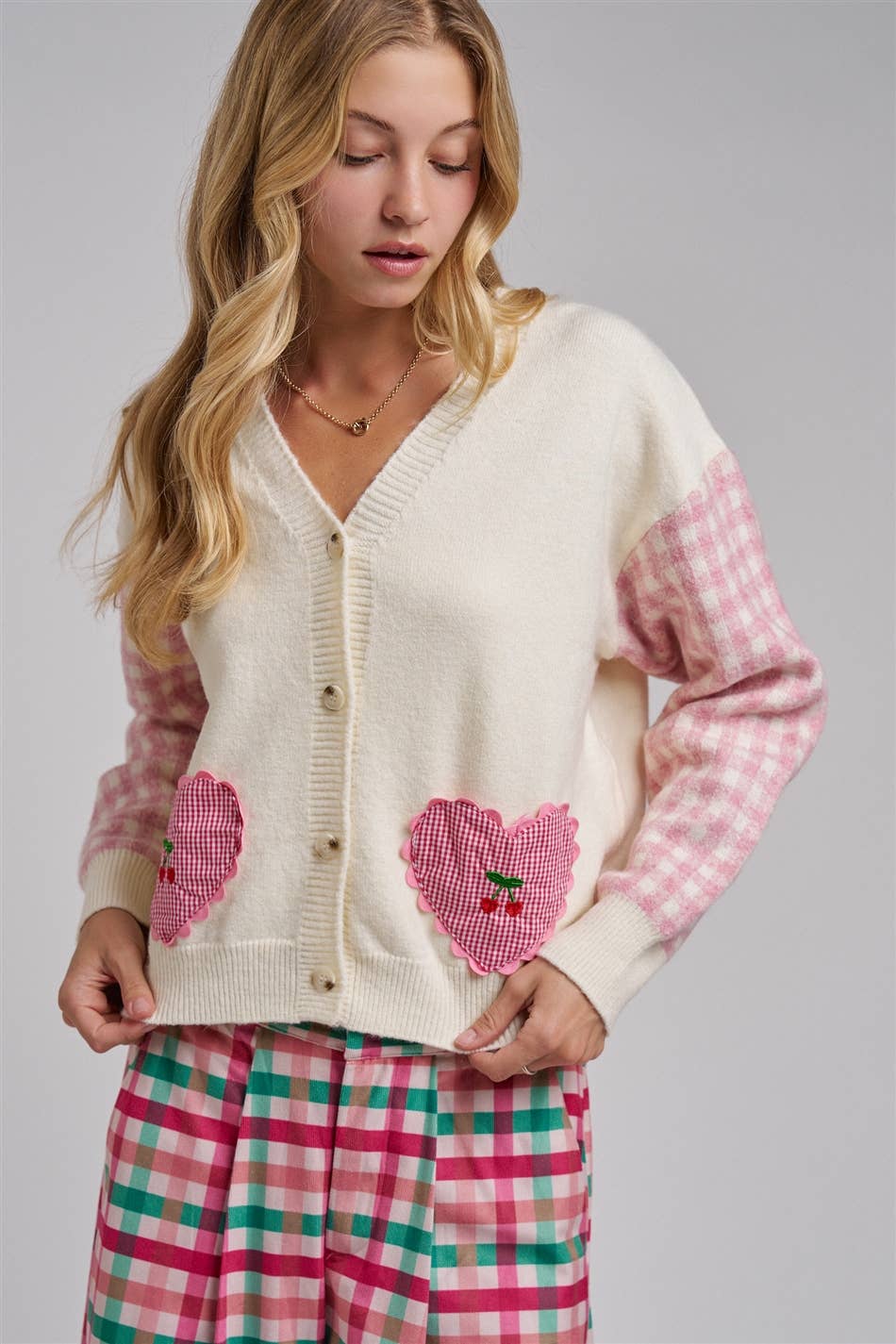 BON - VALENTINE CHECK SLEEVE HEART POCKETS CARDIGAN