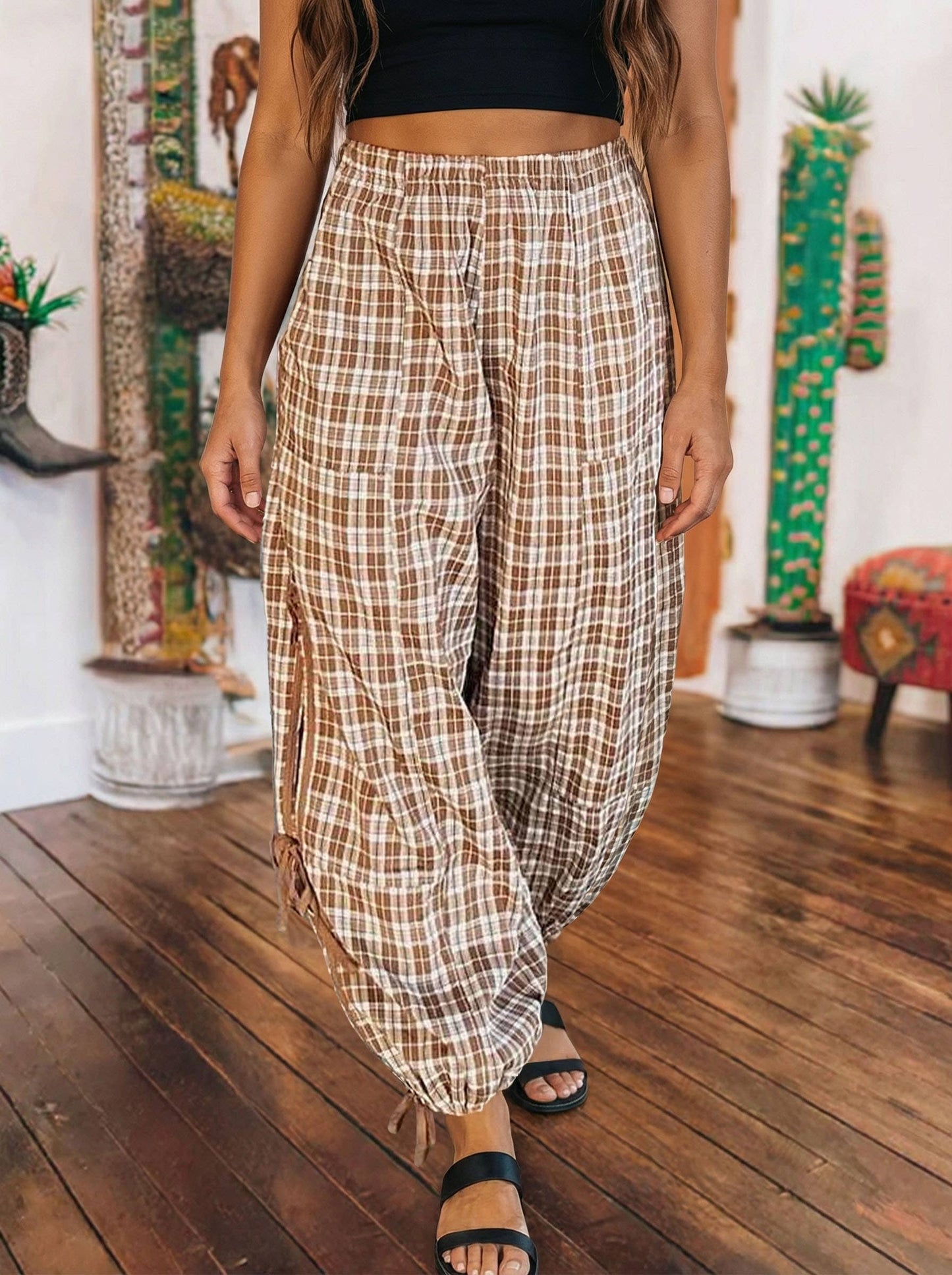 Plaid Elastic Waist Bow Tie Contrast Detail Jogger Pants: Chestnut