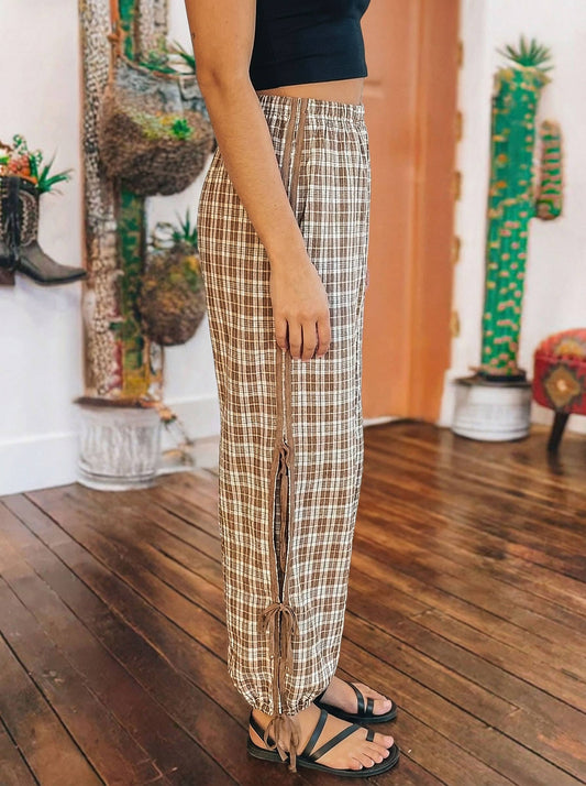 Plaid Elastic Waist Bow Tie Contrast Detail Jogger Pants: Chestnut