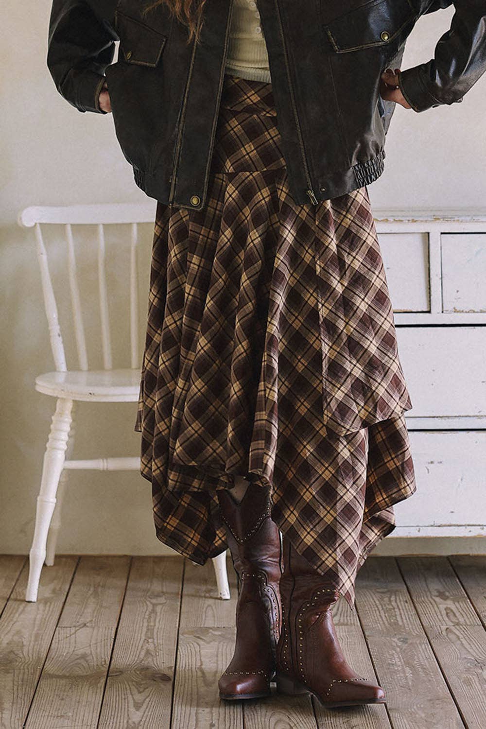 Asymmetrical Plaid Maxi Skirt