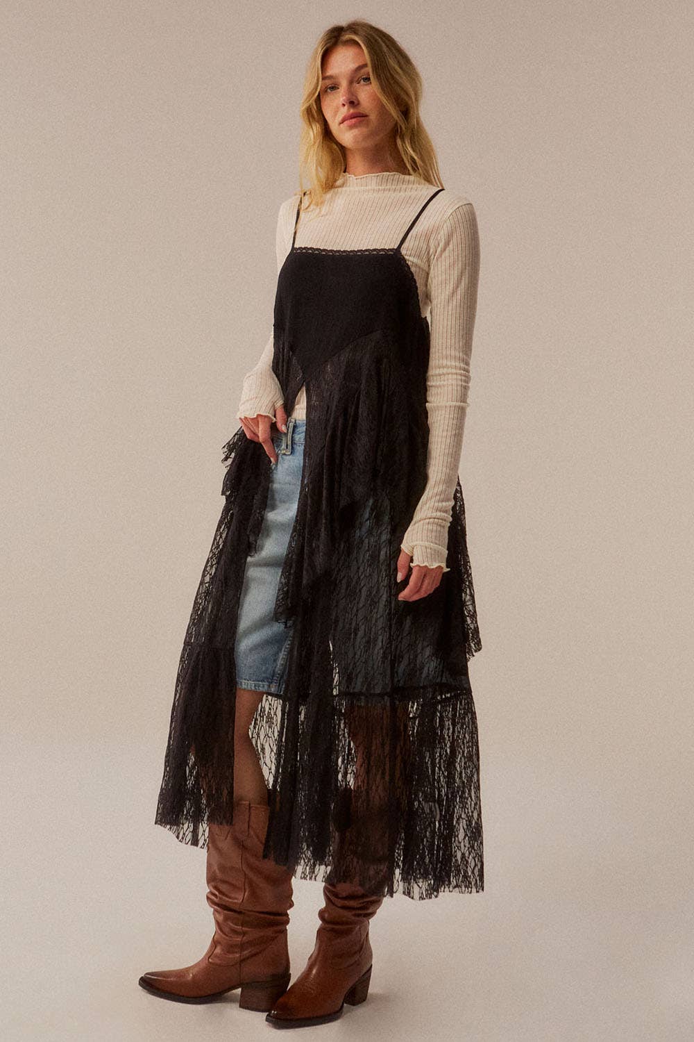 Ruffled Lace Flyaway Maxi Cami Top: Cream / S