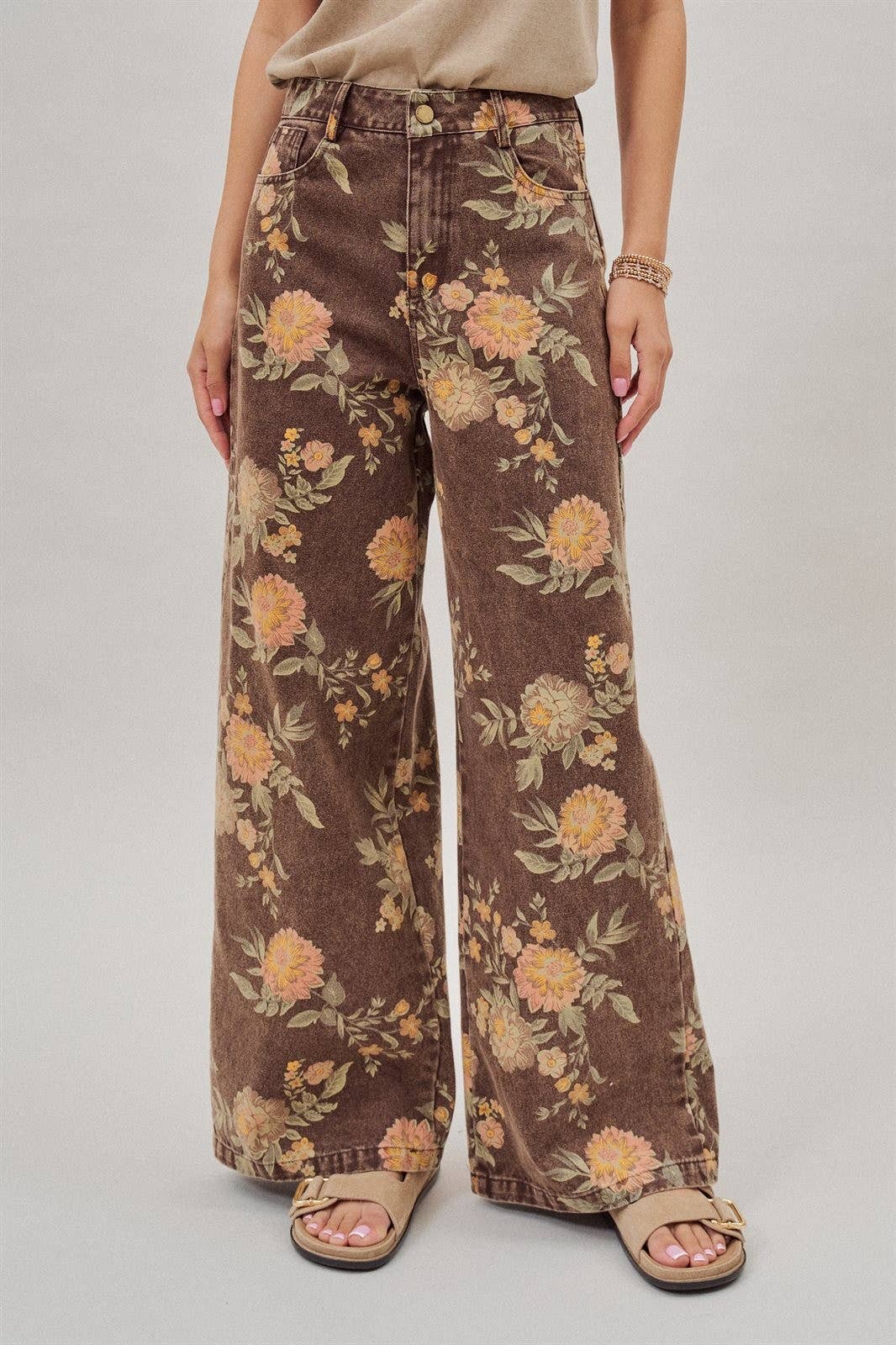 Fashion Week Brown Floral High-Rise Wide-Leg Jeans