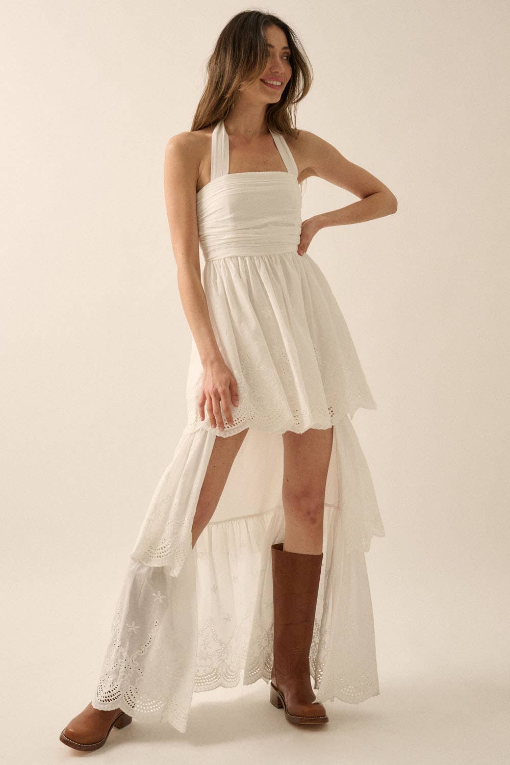 Eyelet Lace Halter High-Low Tiered Maxi Dress: Off White