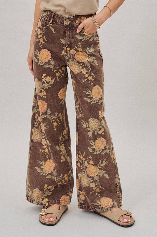 Fashion Week Brown Floral High-Rise Wide-Leg Jeans