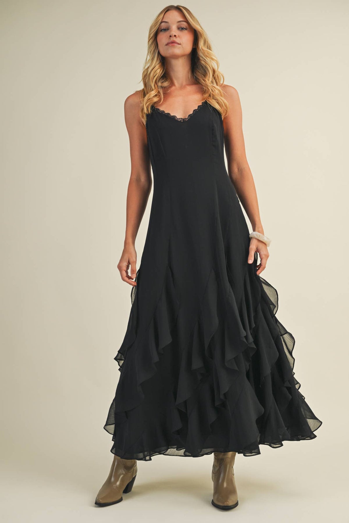 Mustard Seed - Lace V-Neck Cascading Ruffle Dress