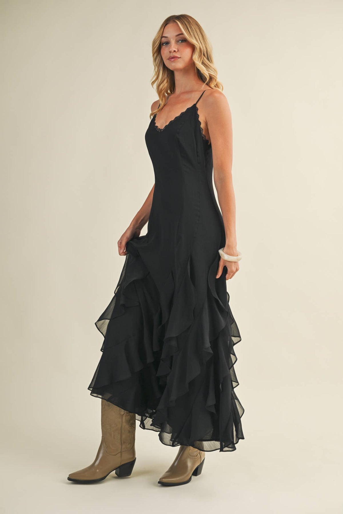 Mustard Seed - Lace V-Neck Cascading Ruffle Dress
