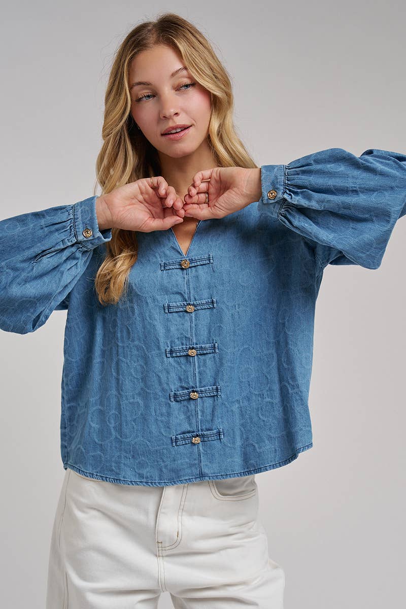 VINTAGE FLORAL DENIM GOLD BUTTON BLOUSE