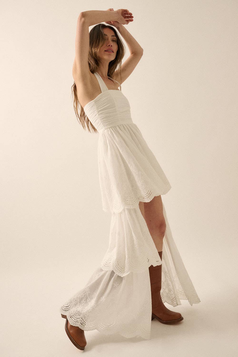Eyelet Lace Halter High-Low Tiered Maxi Dress: Off White