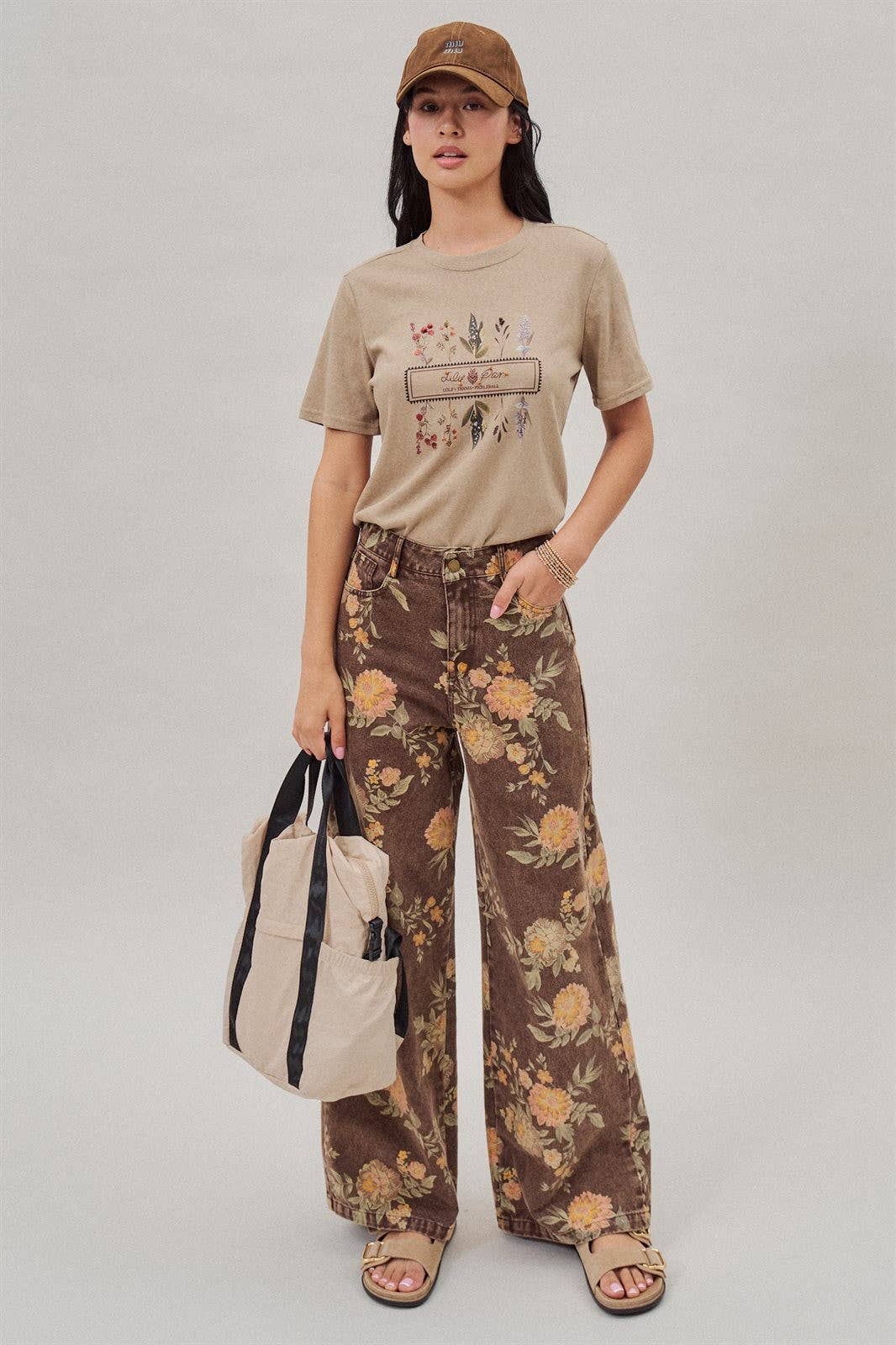 Fashion Week Brown Floral High-Rise Wide-Leg Jeans