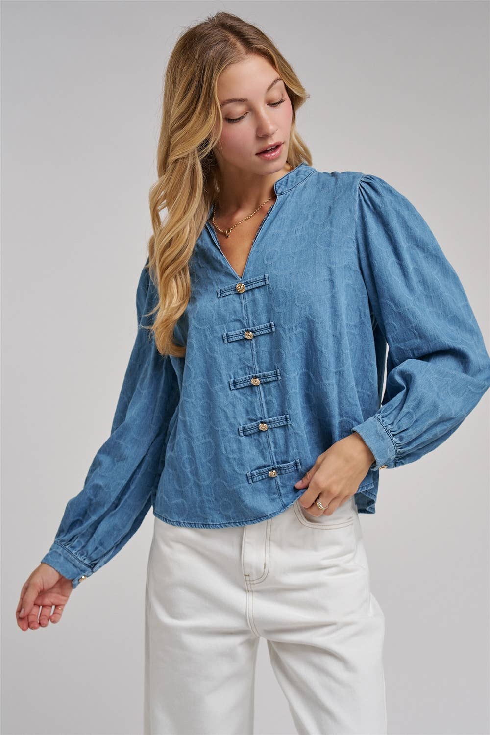 VINTAGE FLORAL DENIM GOLD BUTTON BLOUSE
