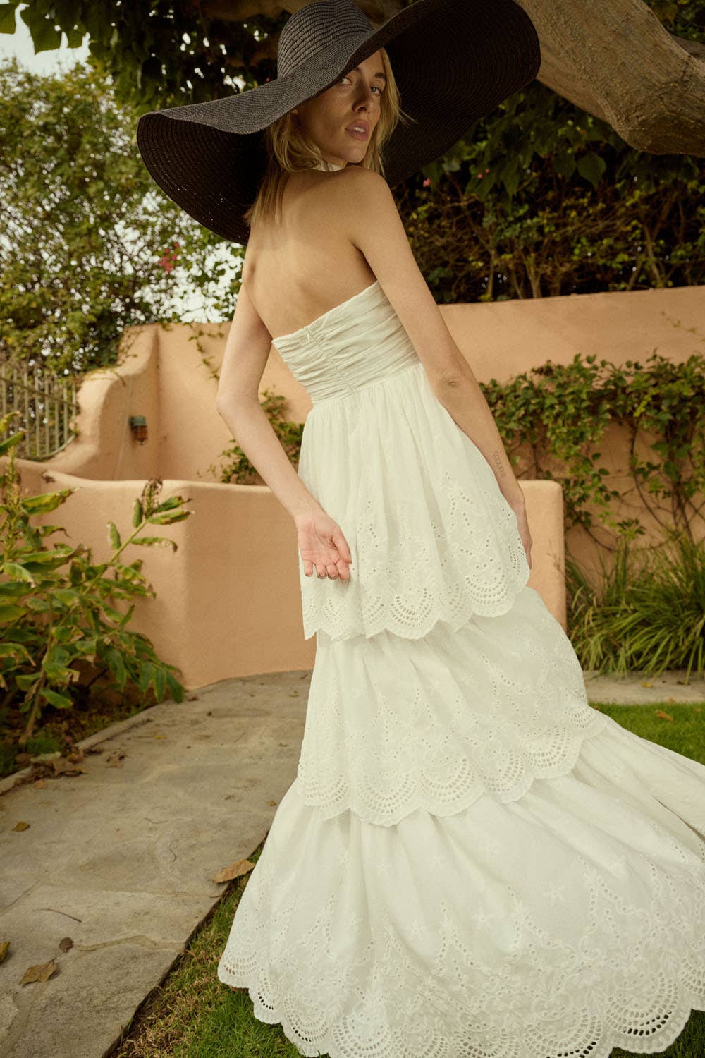 Eyelet Lace Halter High-Low Tiered Maxi Dress: Off White