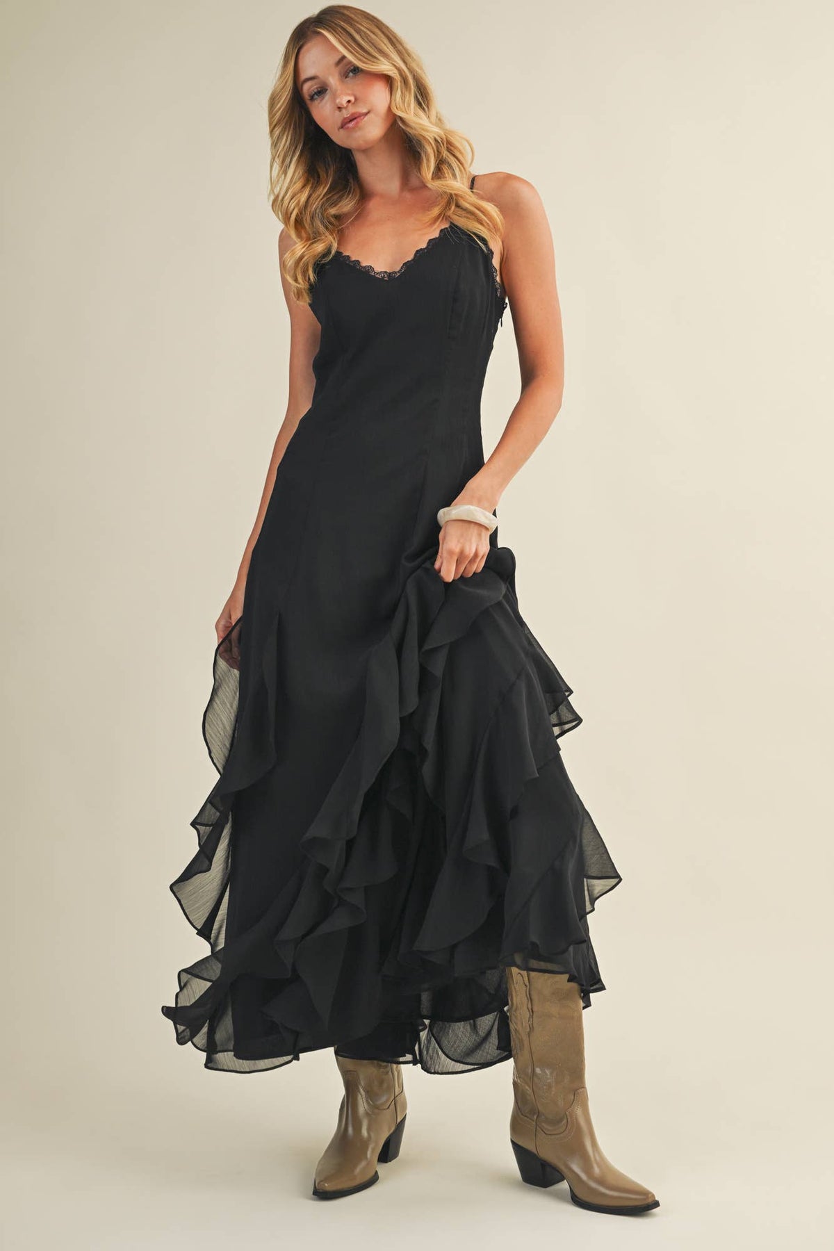 Mustard Seed - Lace V-Neck Cascading Ruffle Dress