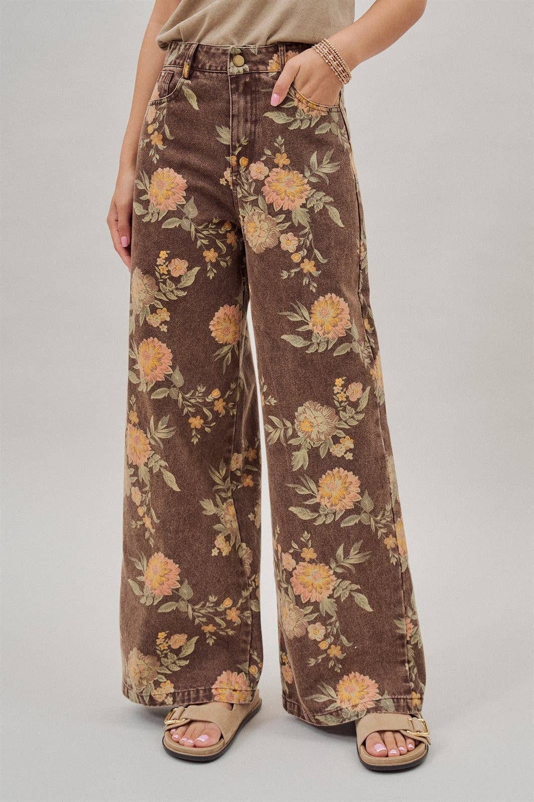 Fashion Week Brown Floral High-Rise Wide-Leg Jeans